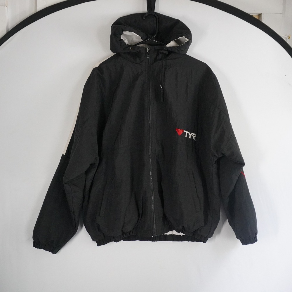 VTG TYR Windbreaker‎ Puffer Jacket Hooded Black White Stripe Zip 90s S Oversized